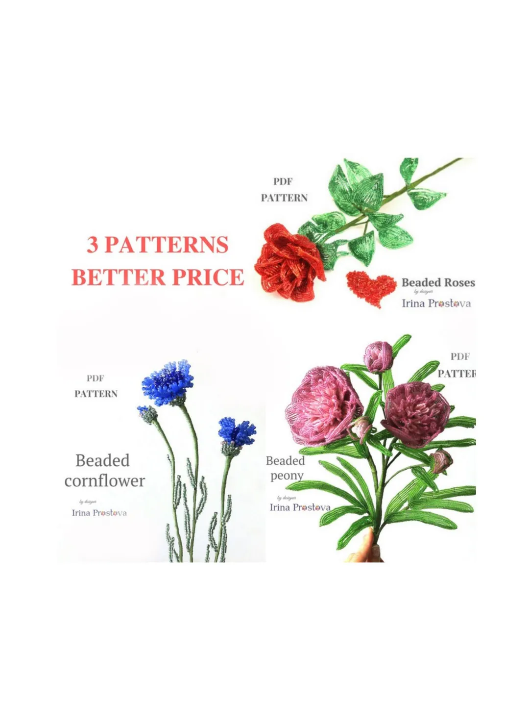 Beaded Peony, cornflower, rose | Beaded Flowers pattern | Seed bead patterns | Beadwork pattern