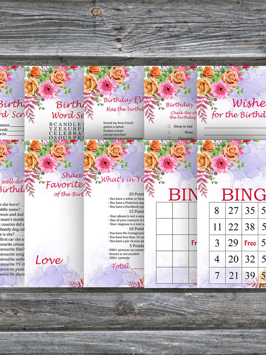 Flowers Birthday Party Games bundle,Adult birthday games package,Printable Birthday Games,INSTANT DOWNLOAD