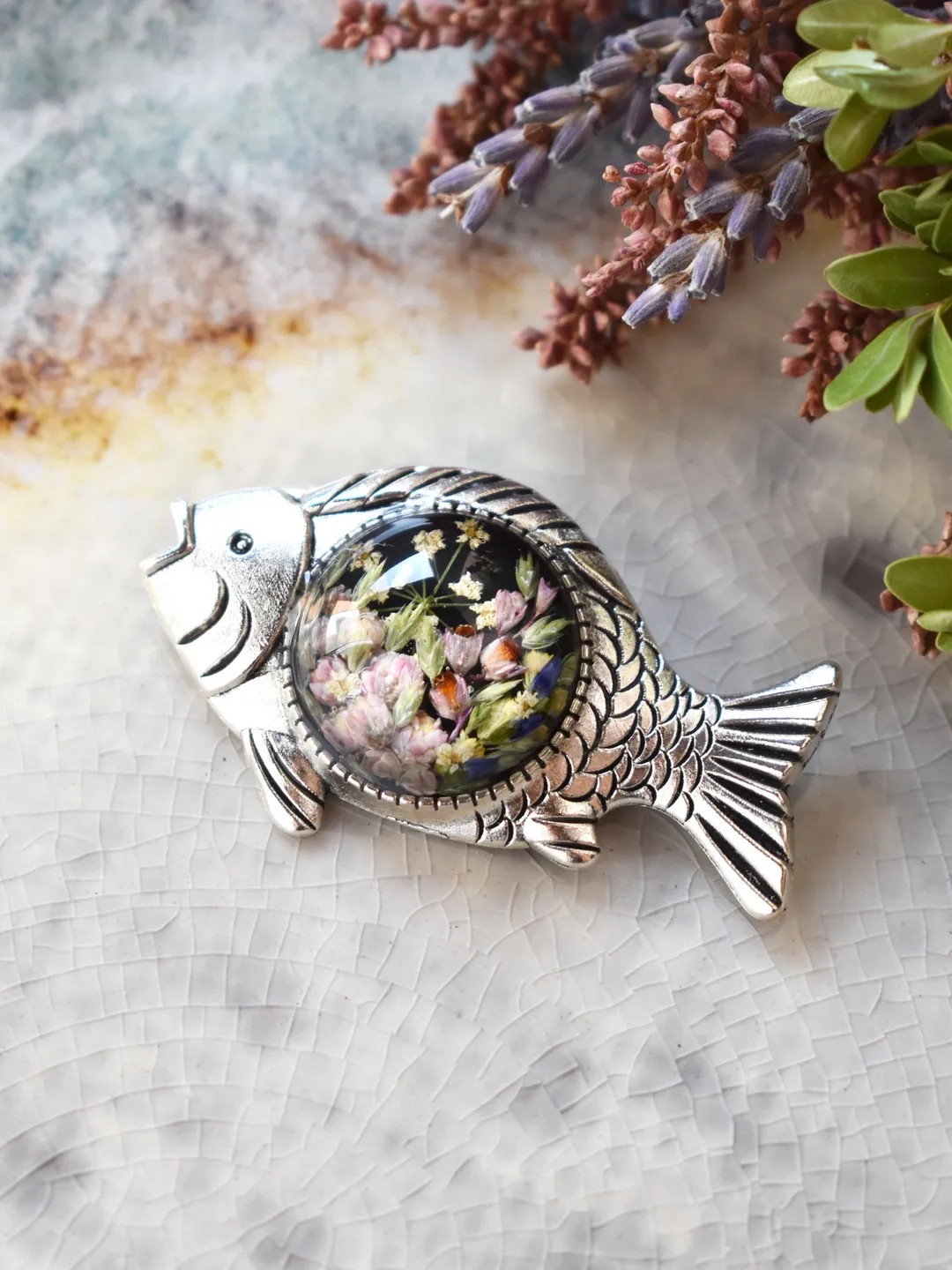 Brooch-fish with wildflowers in resin. Real Flower Brooch. Summer Brooch.
