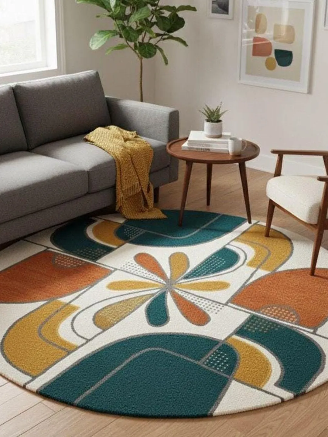 Hand Tufted Wool Rug, Olive Green Geometric Arch Design, Mid Century Modern