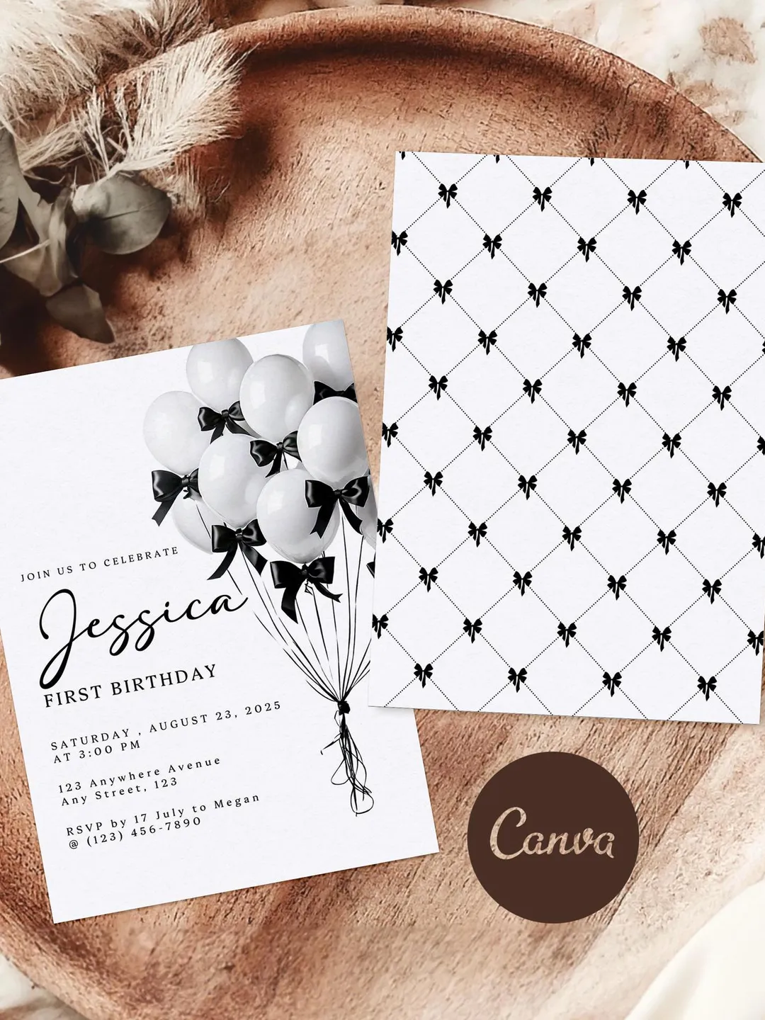 Editable Black & White Bow Balloon Birthday Invitation - Custom Canva Template, First Birthday Party Invite - WB211