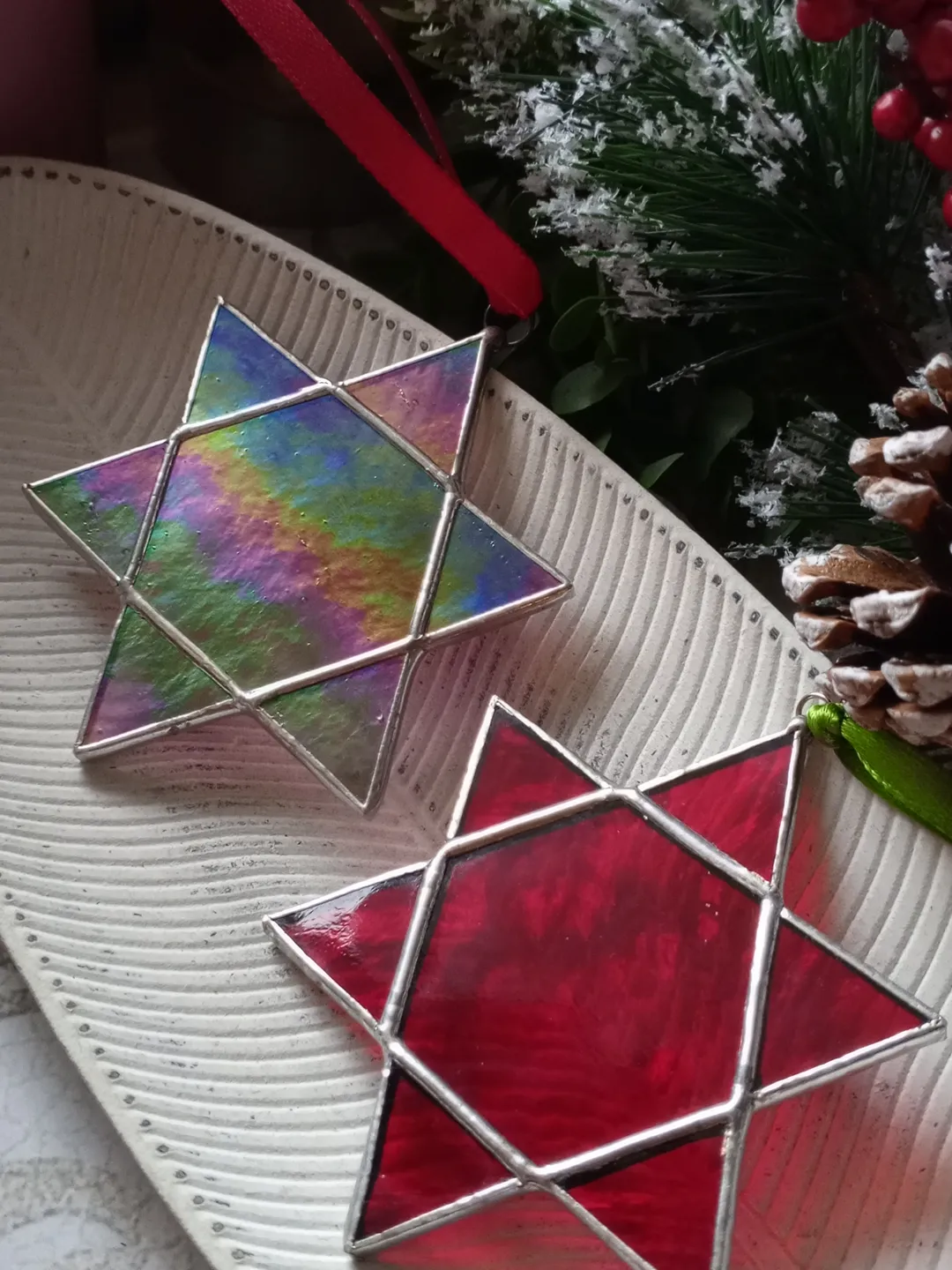 Set of 2 snowflake merkaba suncatchers christmas ornaments, simple stained glass  decorations, Xmas tree star