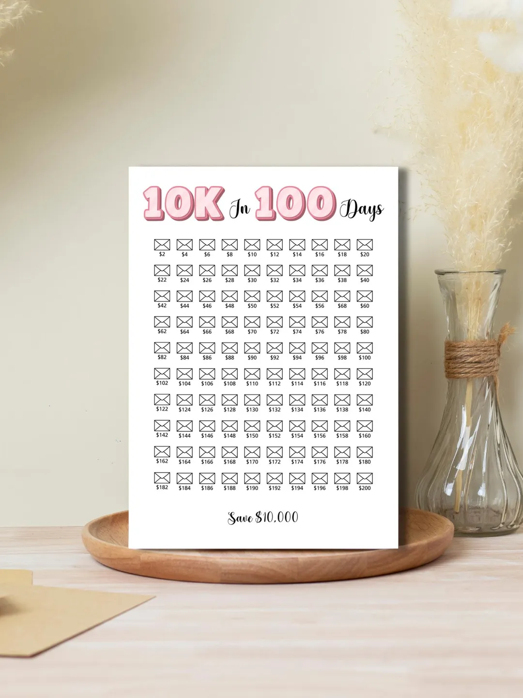 10K in 100 Days Savings Challenge Printable, 10,000 Money Saving