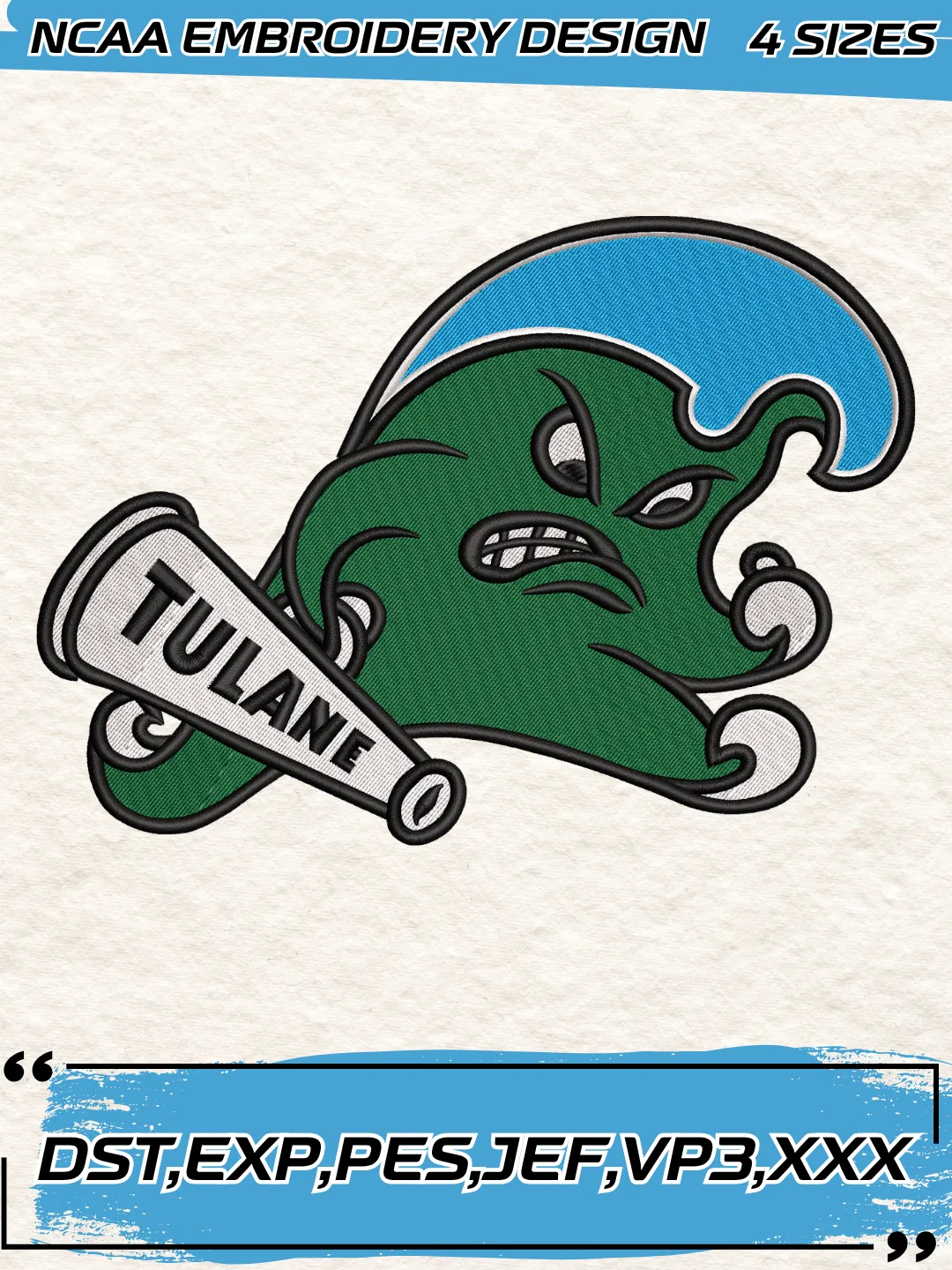 Tulane Green Wave Logo Embroidery Design,NCAA Logo Embroidery Design,Machine Embroidery Design File,4 Sizes, Digital Download