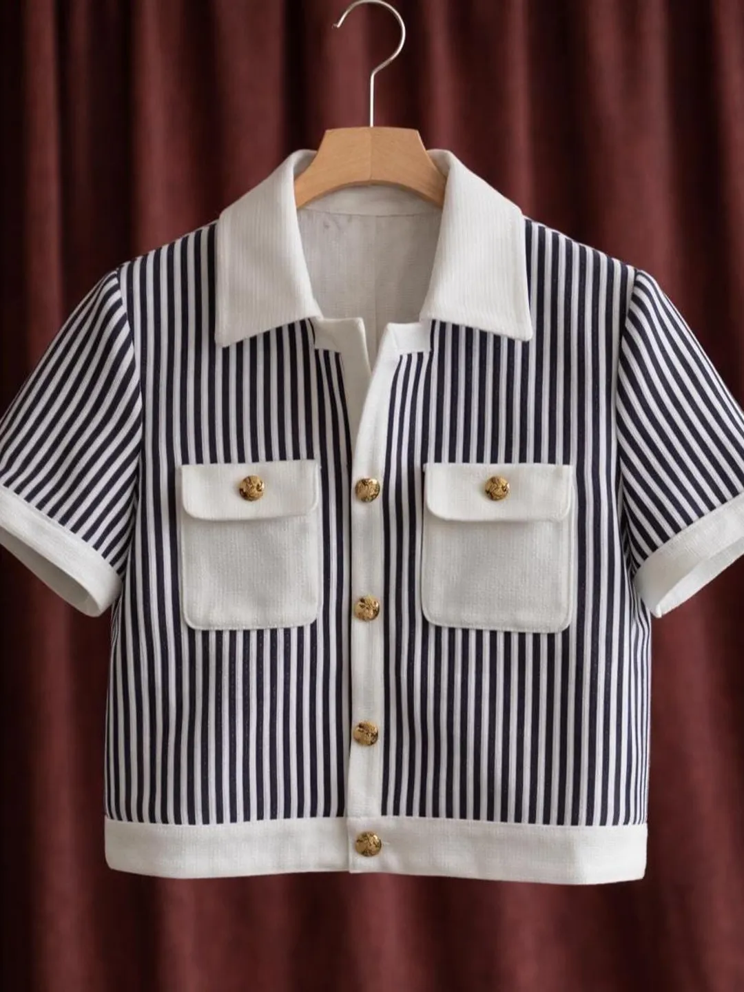 Luxury Striped Knit Polo Shirt, Cropped Cardigan Button Up Top, Navy White Retro T-Shirt, Gold Button Casual, Tencel Shirt