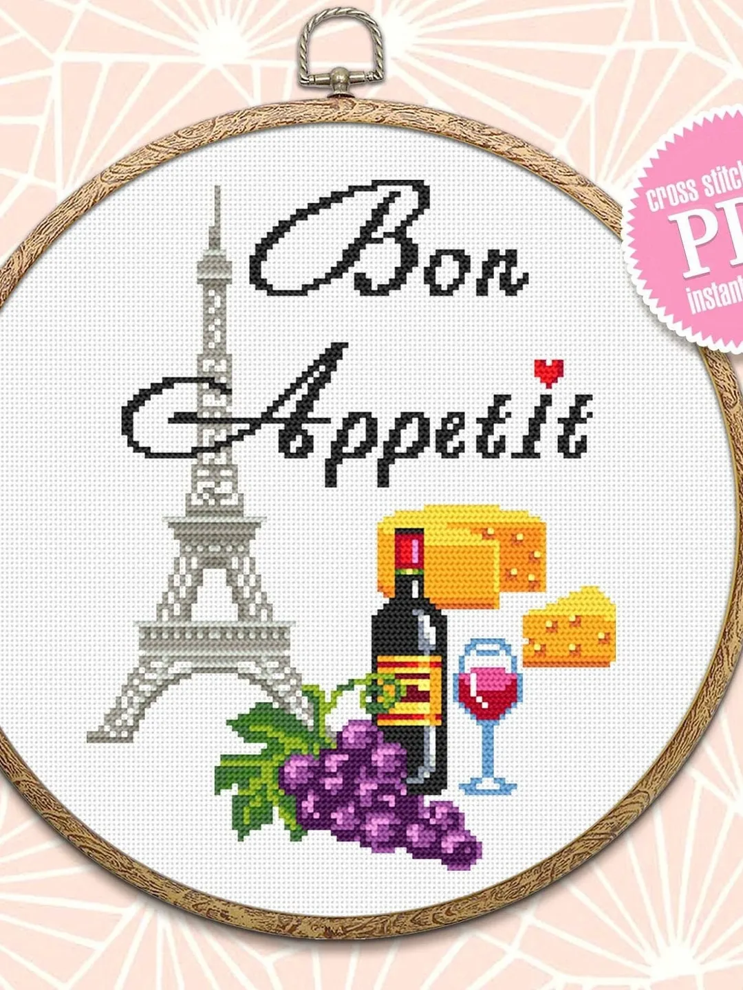 Paris kitchen cross stitch pattern download PDF, Food cross stitch chart, Quote cross stitch Bon Appetit, Eiffel Tower hand embroidery #F6