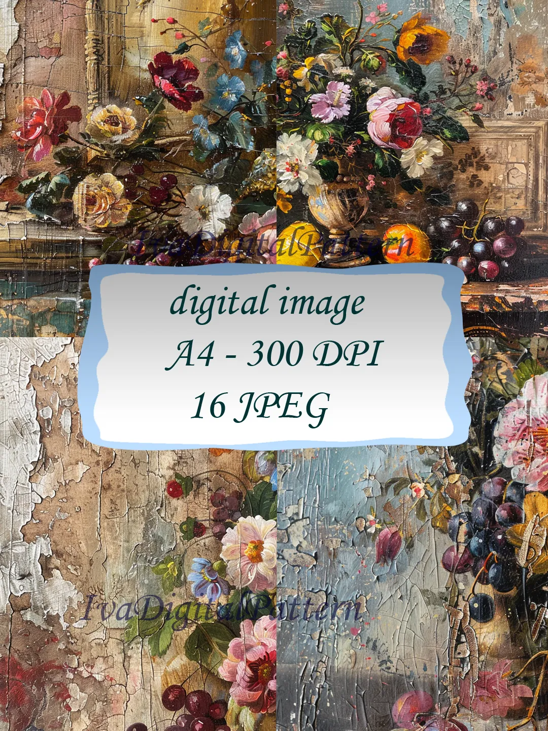 Vintage abstract pictures collages flowers, vases, glasses . Junk
