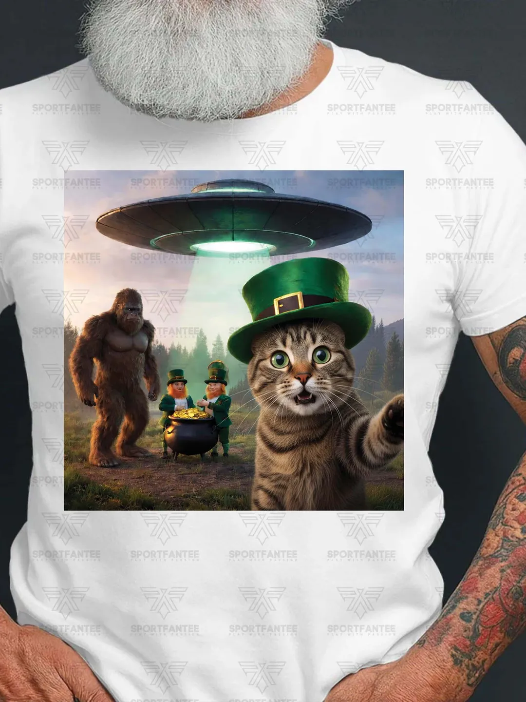 Funny St Patricks Day Cat Selfie Shirt, Leprechaun Bigfoot UFO Graphic Tee