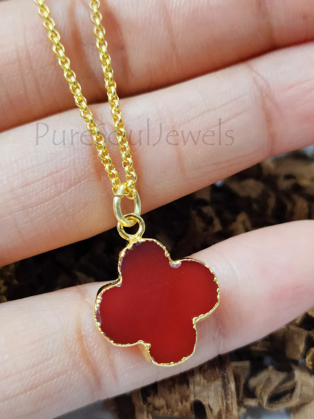 Carnelian Clover Gold Electroplated Pendant Necklace, Gemstone Necklace, Carnelian Necklace