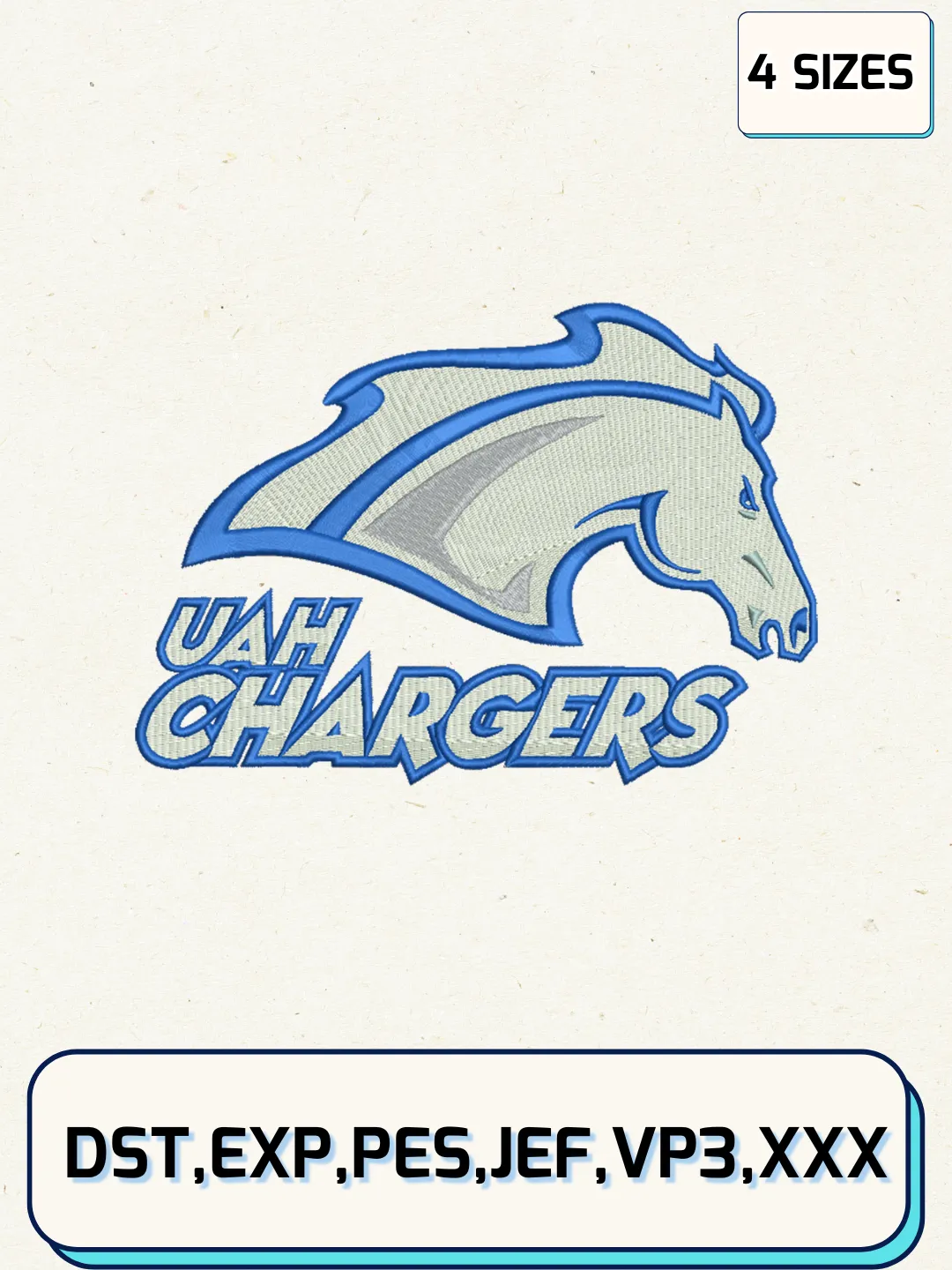 Alabama-Huntsville Chargers Embroidery Design Files, NCAA Logos Embroidery Designs, Machine Embroidery Files, 4 Sizes