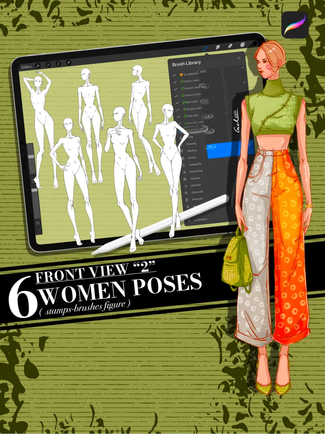 Procreate brushes, body poses of female figure, set "Front View 2"