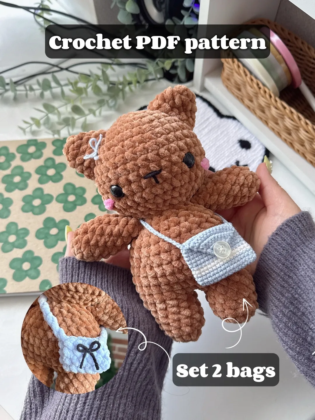Bear with 2 set bags crochet pattern, PDF amigurumi crochet pattern animals, bear pattern, US terms, friendly to beginners