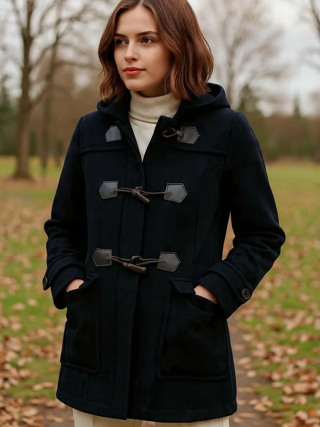 Handmade Wool Duffle Coat for Women – Hooded Toggle Winter Jacket