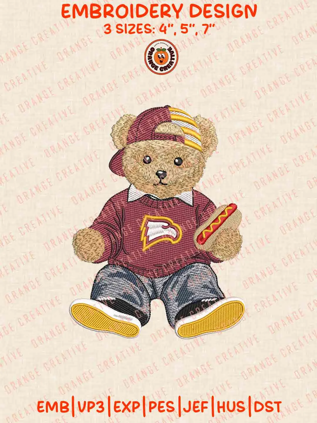 Winthrop Eagle Teddy Bear Embroidery Design Files, Football Logos Embroidery Designs, Sport Machine Embroidery Files, 3 Sizes, Custom Sizes, Instant Download