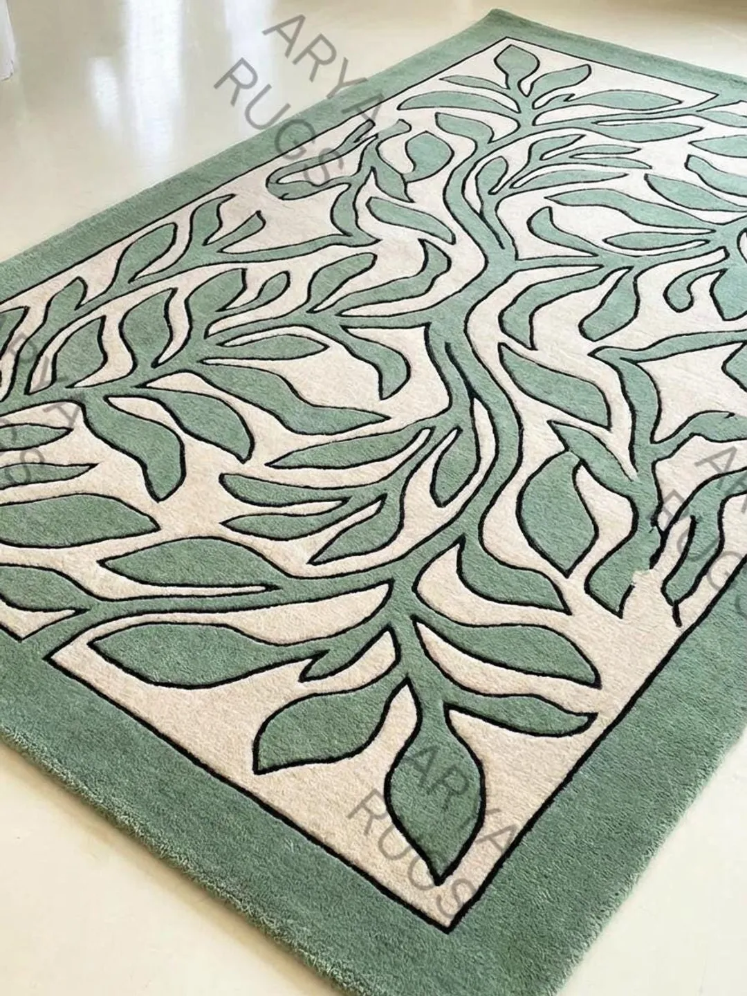 Tree Rug Modern Hand-Tufted Sage Green Tree of Life Rug, Modern Botanical Leaf Area ...
