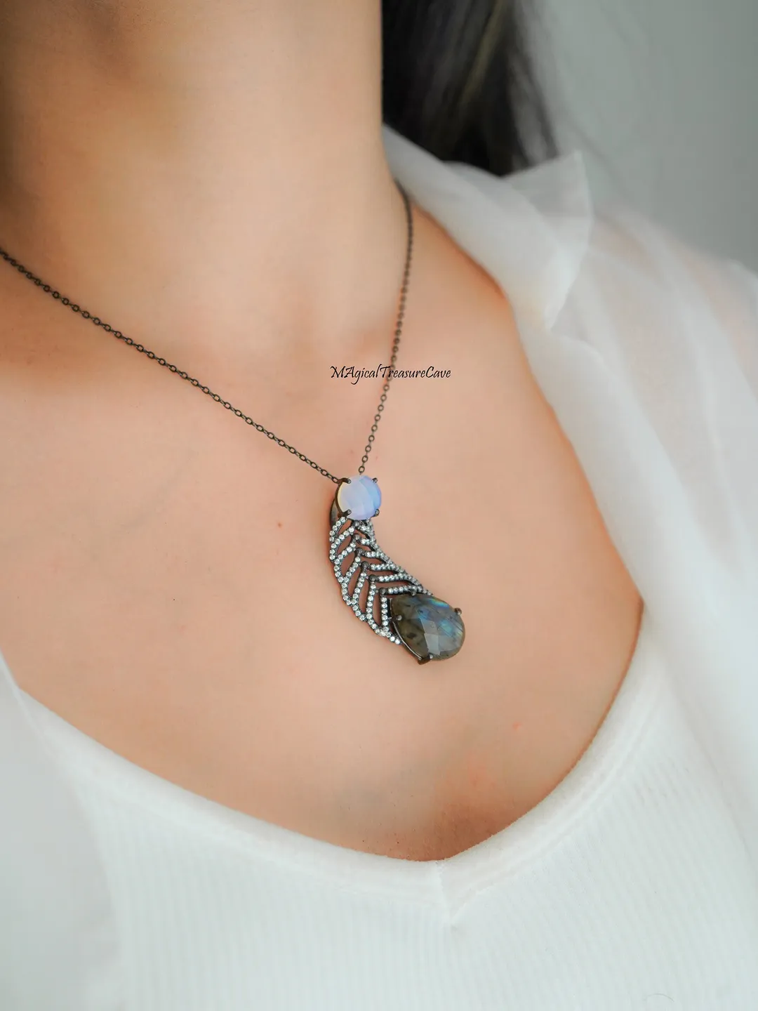Natural Labradorite Necklace, 925 Silver Jewelry, Labradorite Gemstone, Opalite Necklace, Gift For Her, Handmade Necklace, Pave CZ Charm