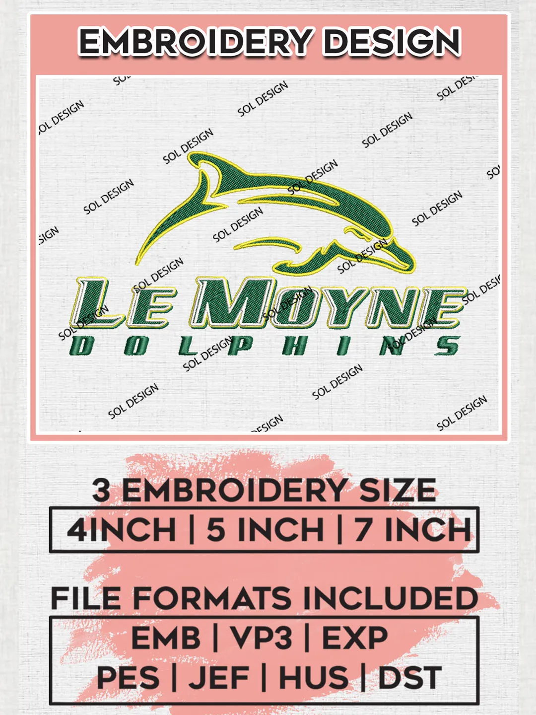 NCAA Le Moyne Dolphins Team Logo Embroidery Design Files, NCAA Le Moyne Dolphins Machine Embroidery, NCAA Teams, 3 sizes, NCAA Machine embroidery designs, Digital Download