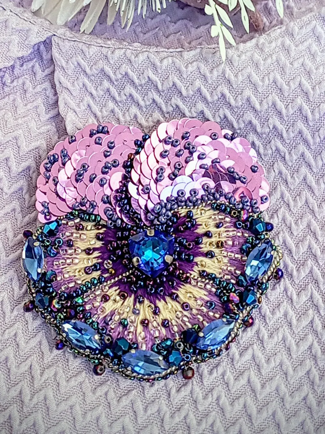 Beaded rhinestone pansy brooch for women, crystal flower brooch, pansy pin, gift for her, coworker gift, lapel pin