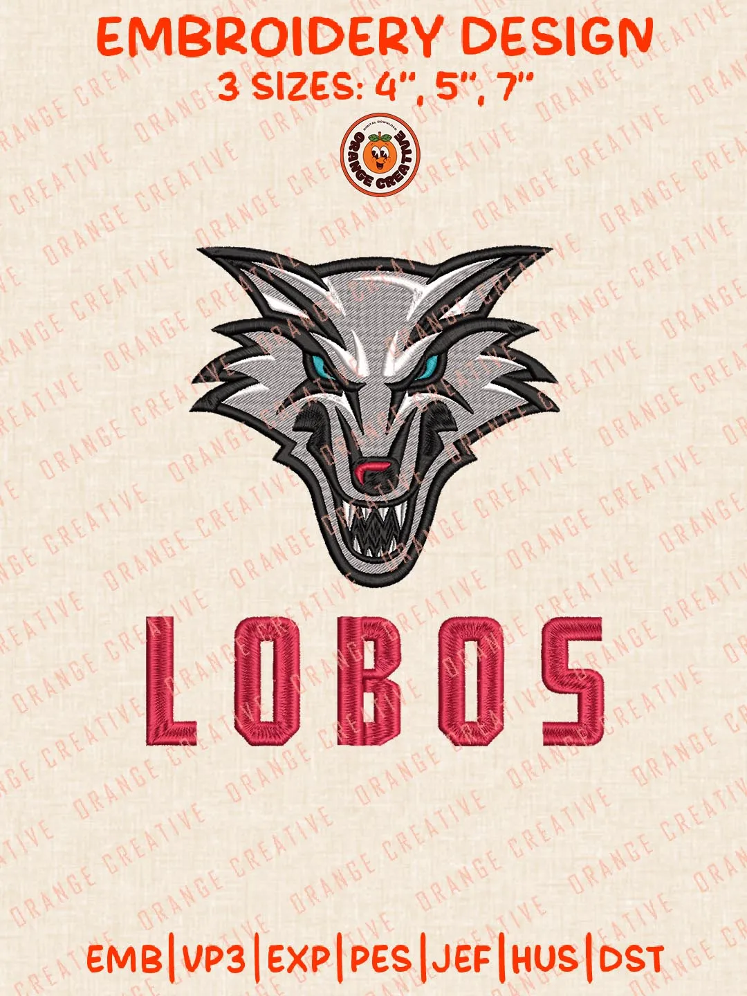 NCAA Lobos Embroidery Design Files, NCAA Logos Embroidery Designs, NCAA New Mexico Lobos Machine Embroidery Files, 3 Sizes, Custom Sizes, Instant Download