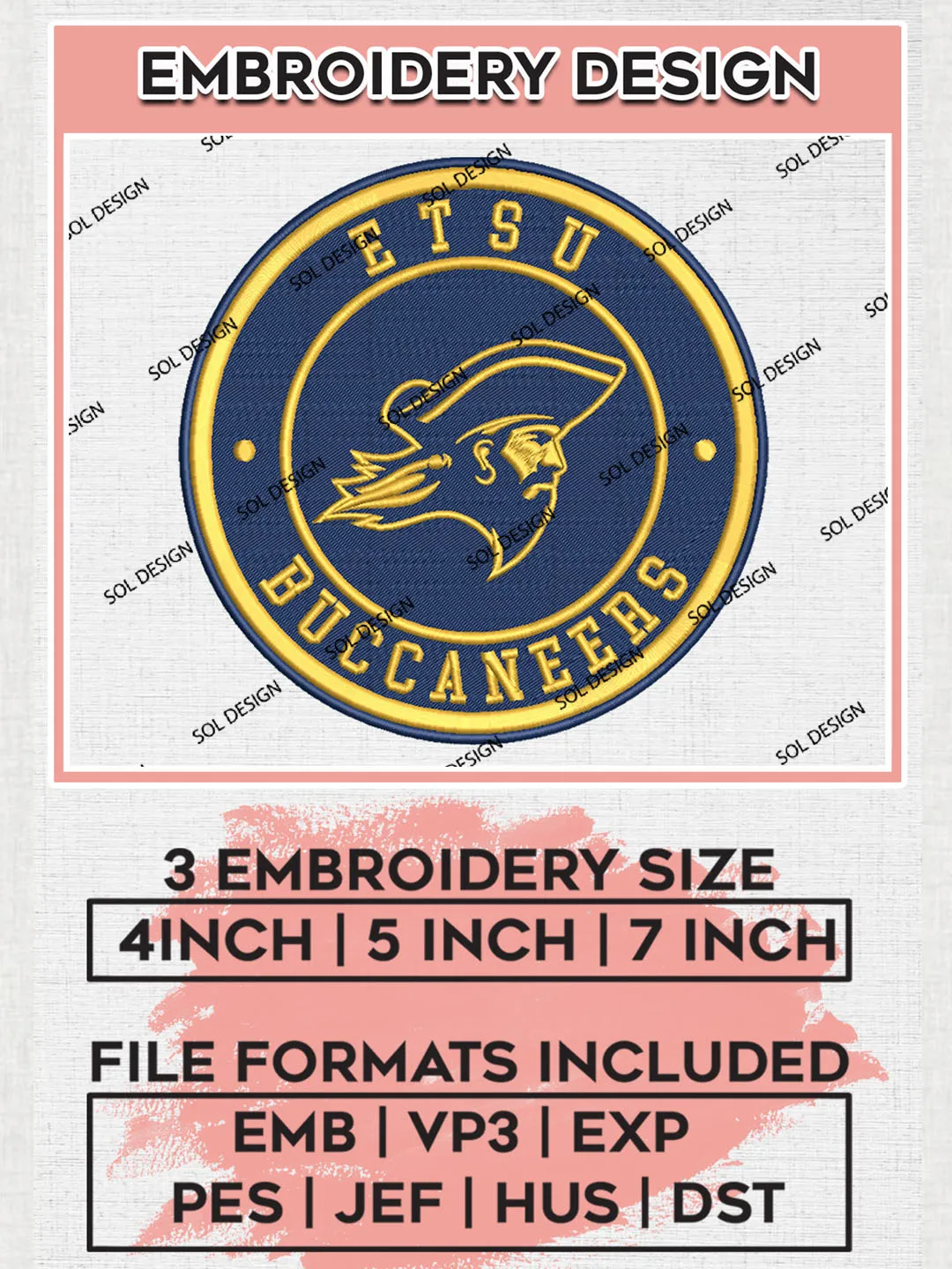 NCAA East Tennessee State Buccaneers Round Logo Embroidery, NCAA East Tennessee State Buccaneers Logo Embroidery files, NCAA Teams, Machine embroidery designs, Digital Download