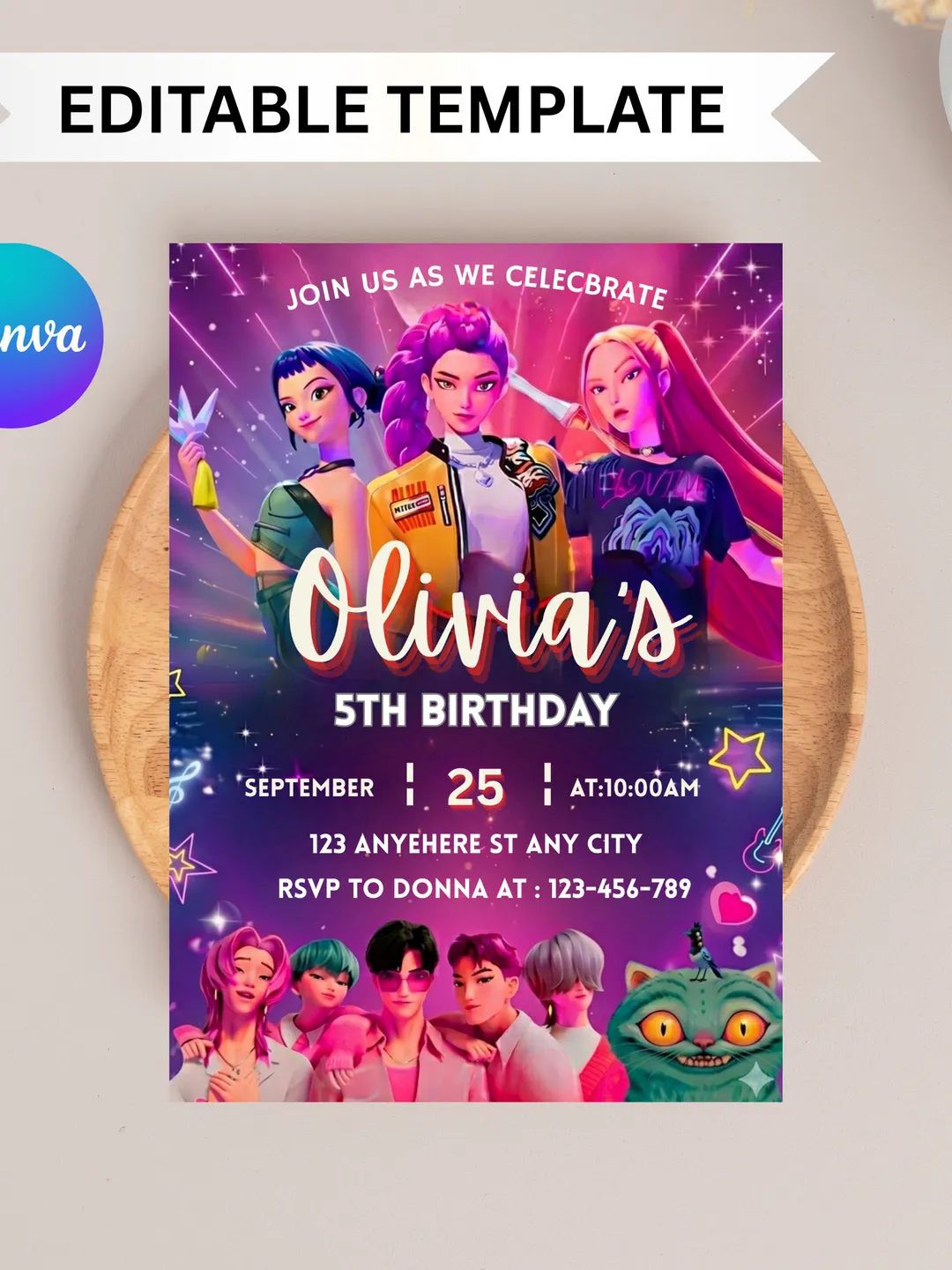 Kpop Demon Hunters Birthday Invitation, K-Pop Anime Party Invite