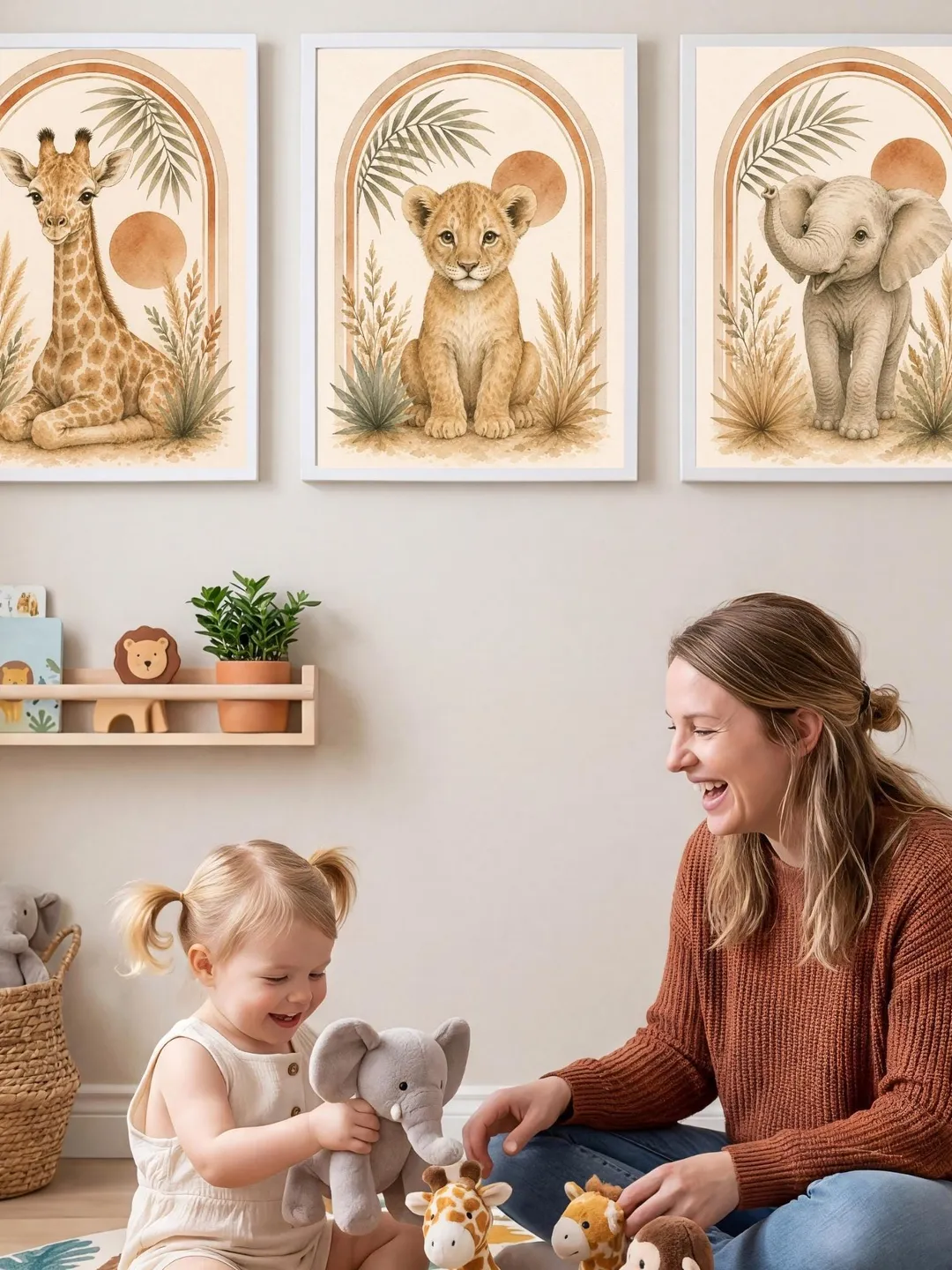 Boho Safari Nursery Wall Art Set of 3 | Lion Elephant Giraffe Prints Baby Animal