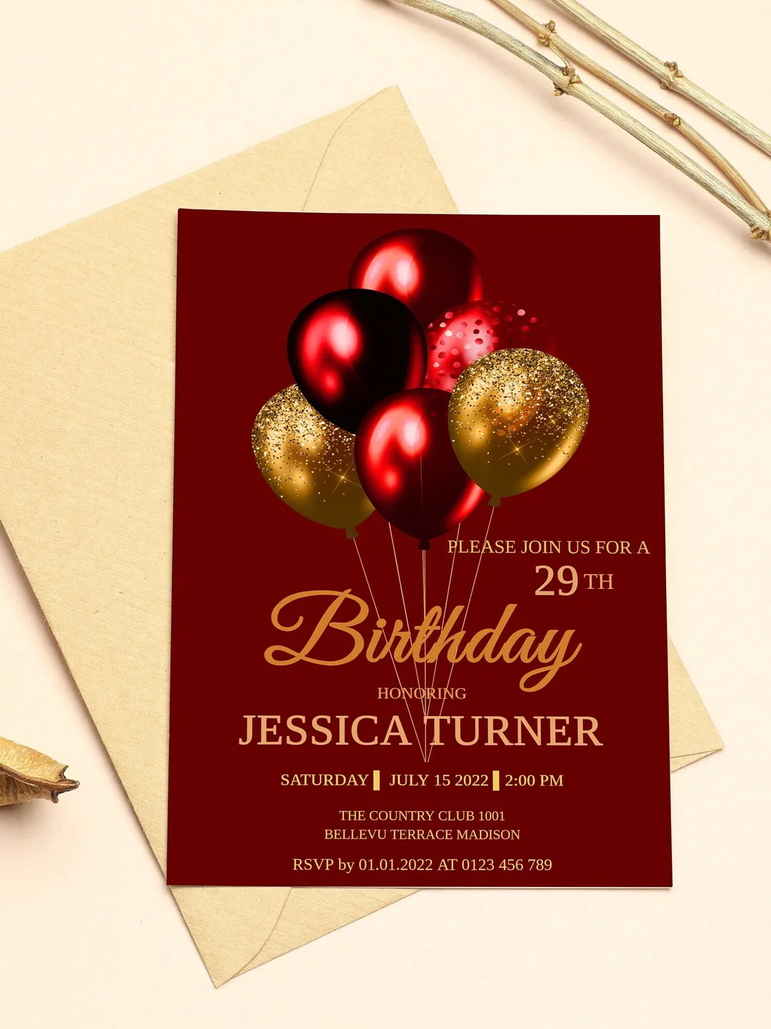 Red Gold Balloon Birthday Invitation, Editable Template (Digital Download)