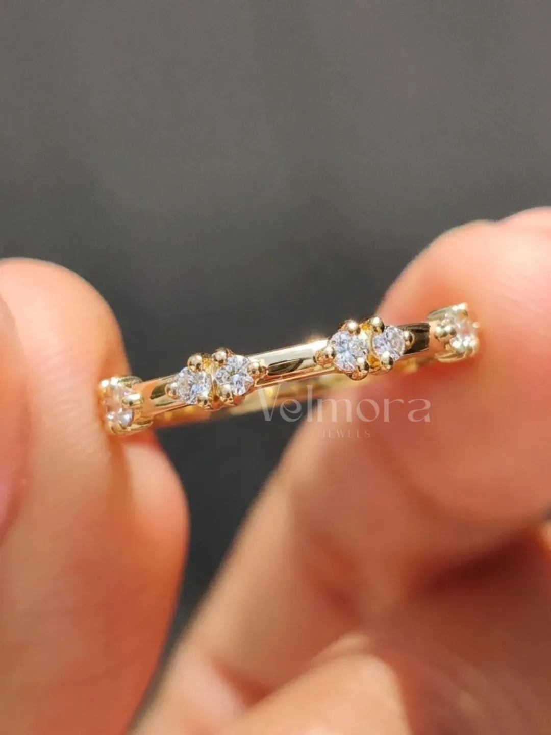 Dainty 14K Yellow Gold Diamond Flower Ring, Minimalist Stacking Band