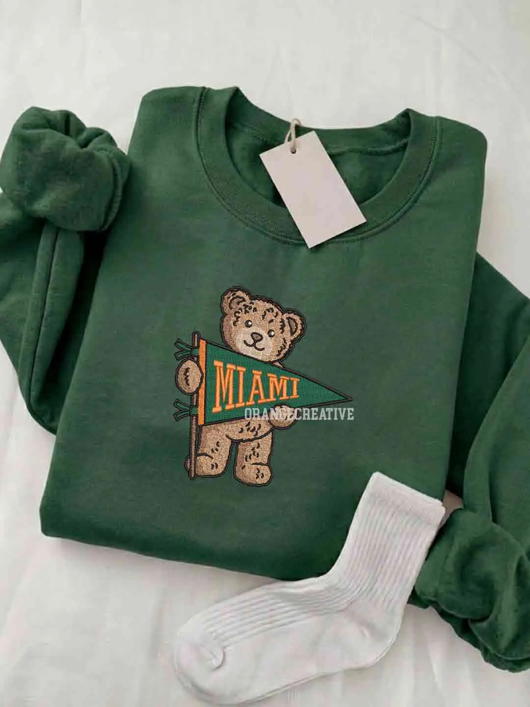 Miami Hurricanes Embroidered Sweatshirt, College Embroidered Crewneck, NCAA Miami Embroidered Shirt, Teddy Bear Sweatshirt, Gift for Collegue