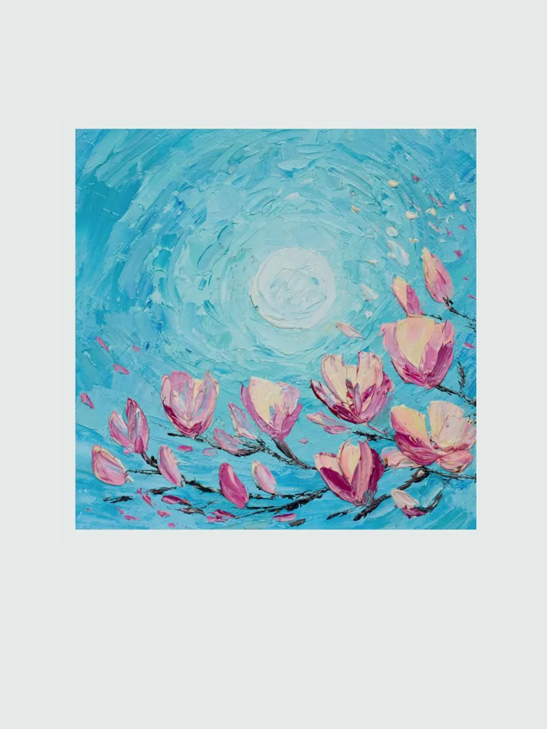 Magnolia painting Flower Small artwork Full moon night Original Art Flowering branches painting by Juliya JC