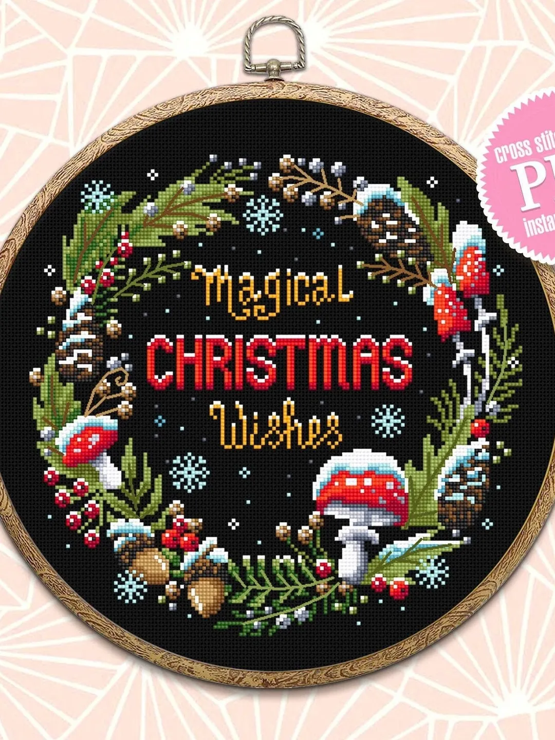 Christmas wreath cross stitch pattern download PDF Magic mushroom cross stitch chart, Holiday embroidery, Christmas pattern digital PDF #N66