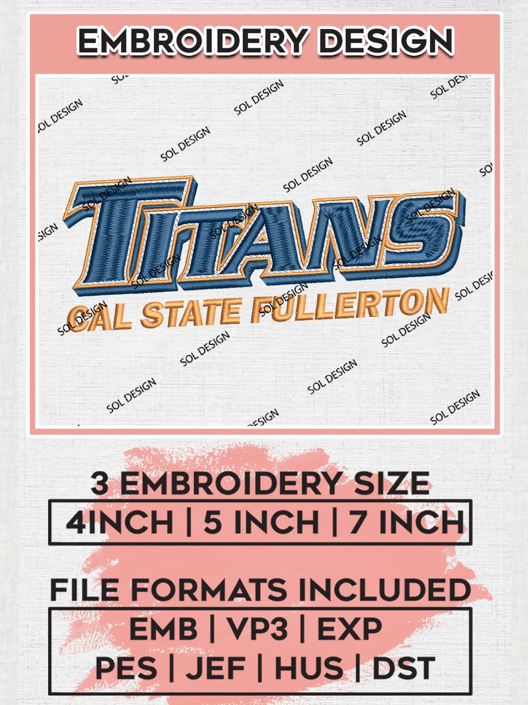 Cal State Fullerton Titans Team Writing Logo Embroidery Design Files, NCAA Cal State Fullerton Titans Machine Embroidery, NCAA Teams, 3 sizes, NCAA Machine embroidery designs, Digital Download
