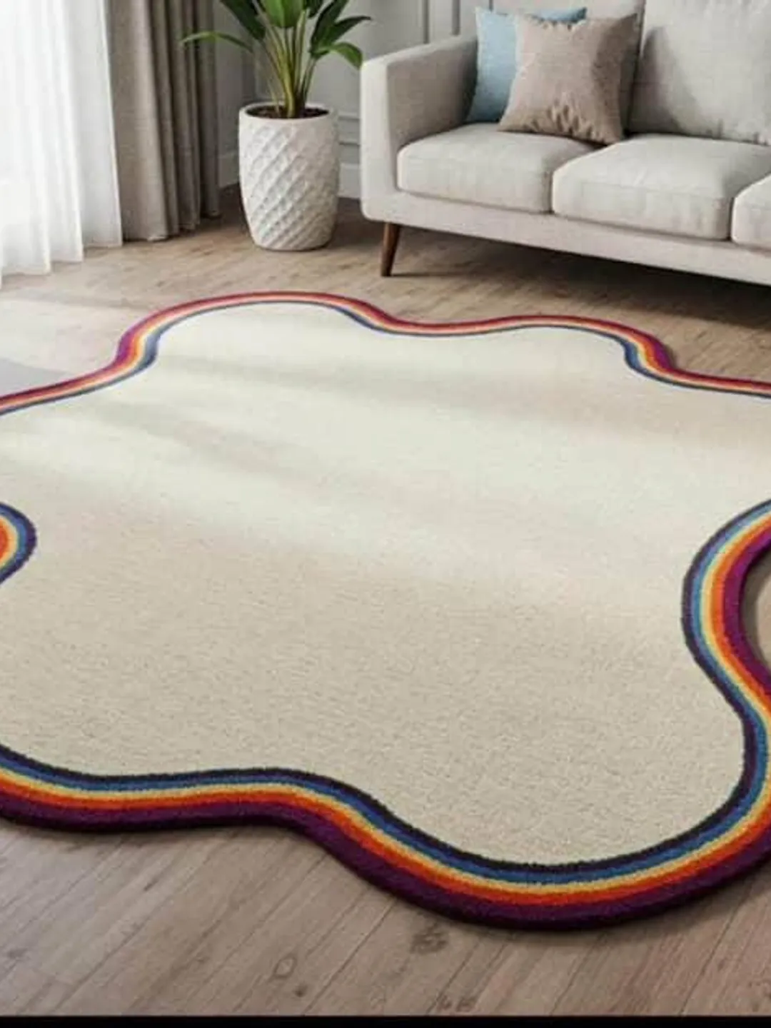 Handmade Tufted Rainbow Rug: Wavy Blob Shape Accent