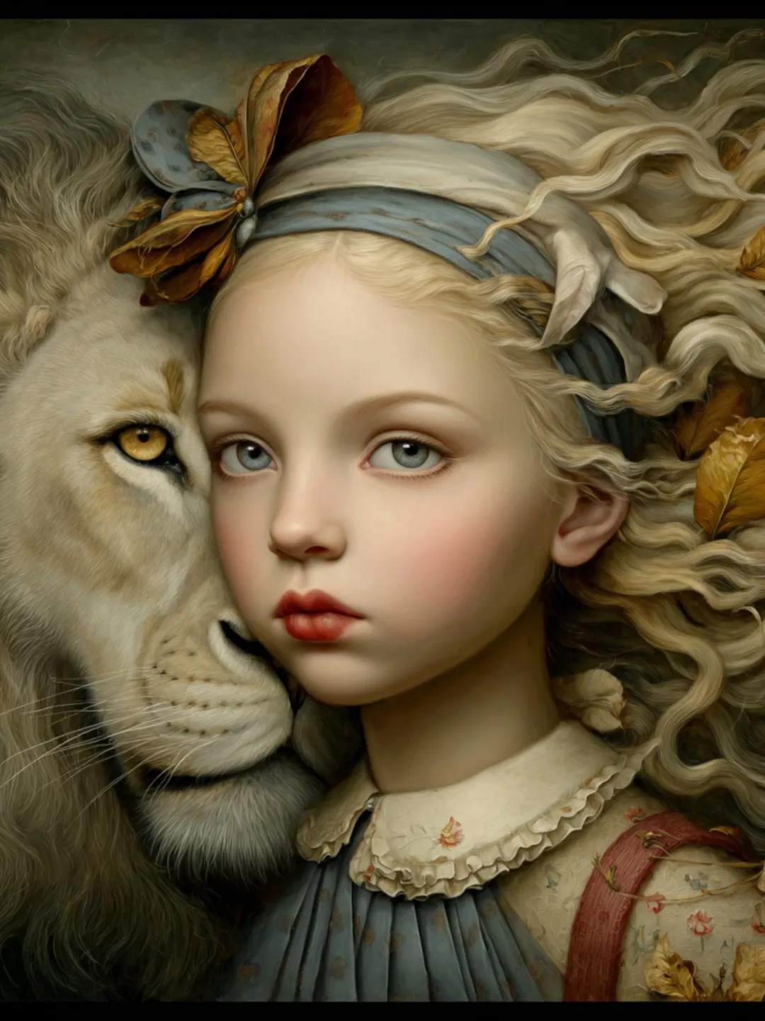 18 Vintage Girl and Lion Portrait Art Soft Fantasy Child Animal Wall Art Printable