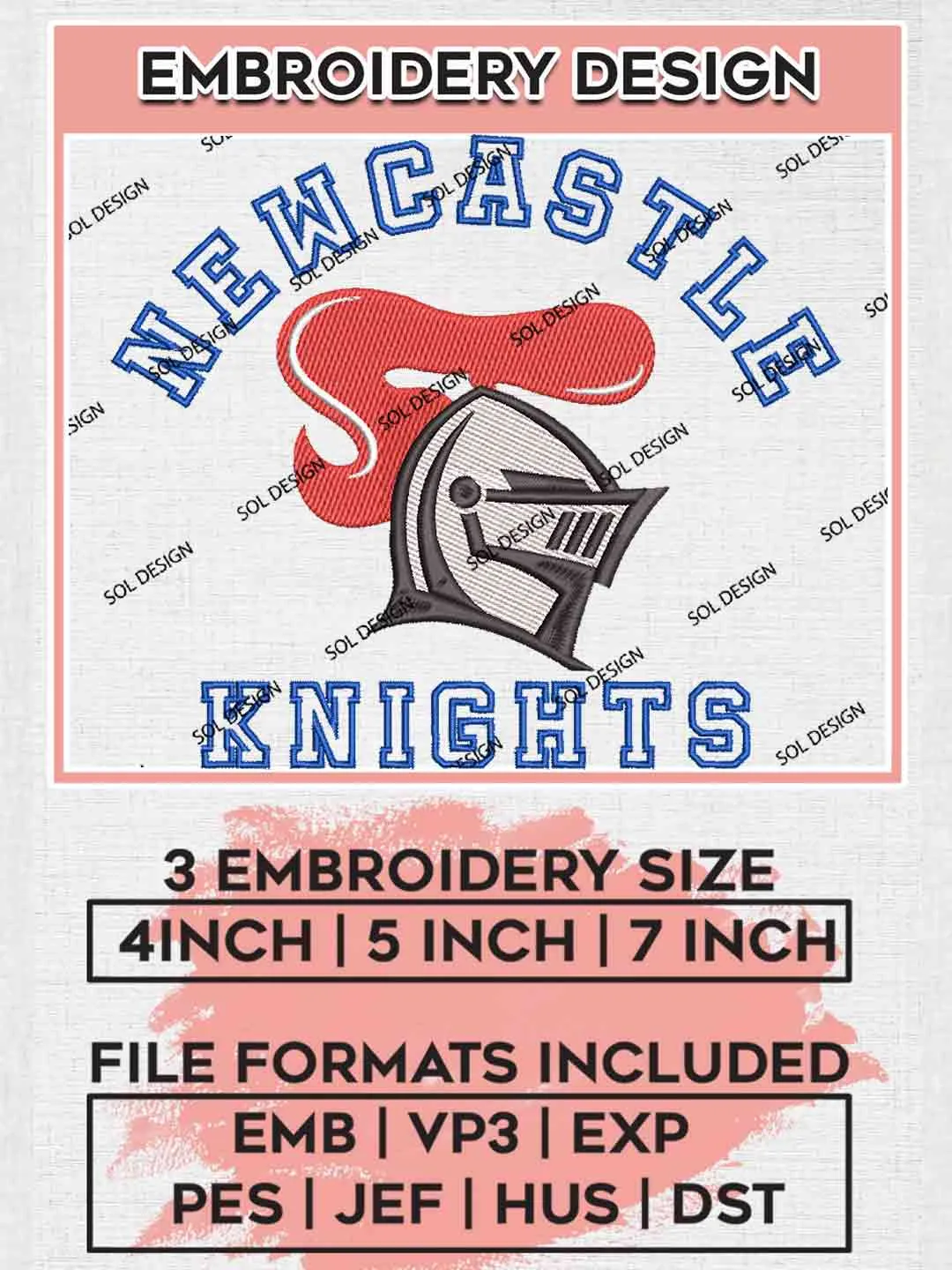 NRL Newcastle Knights Embroidery Design Files, National Rugby League Embroidery Design, New Newcastle Knights Logo Embroidery Design, NRL Machine Embroidery Digitized Pes File, 3 Sizes, Instant Download
