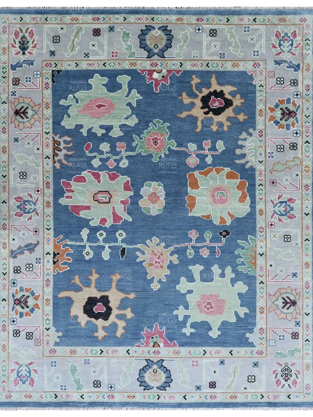 8x10 feet Quick ship! Blue Hand-Knotted Modern Oushak Rug- Antique-Style Contemporary Design, Living Room Rug