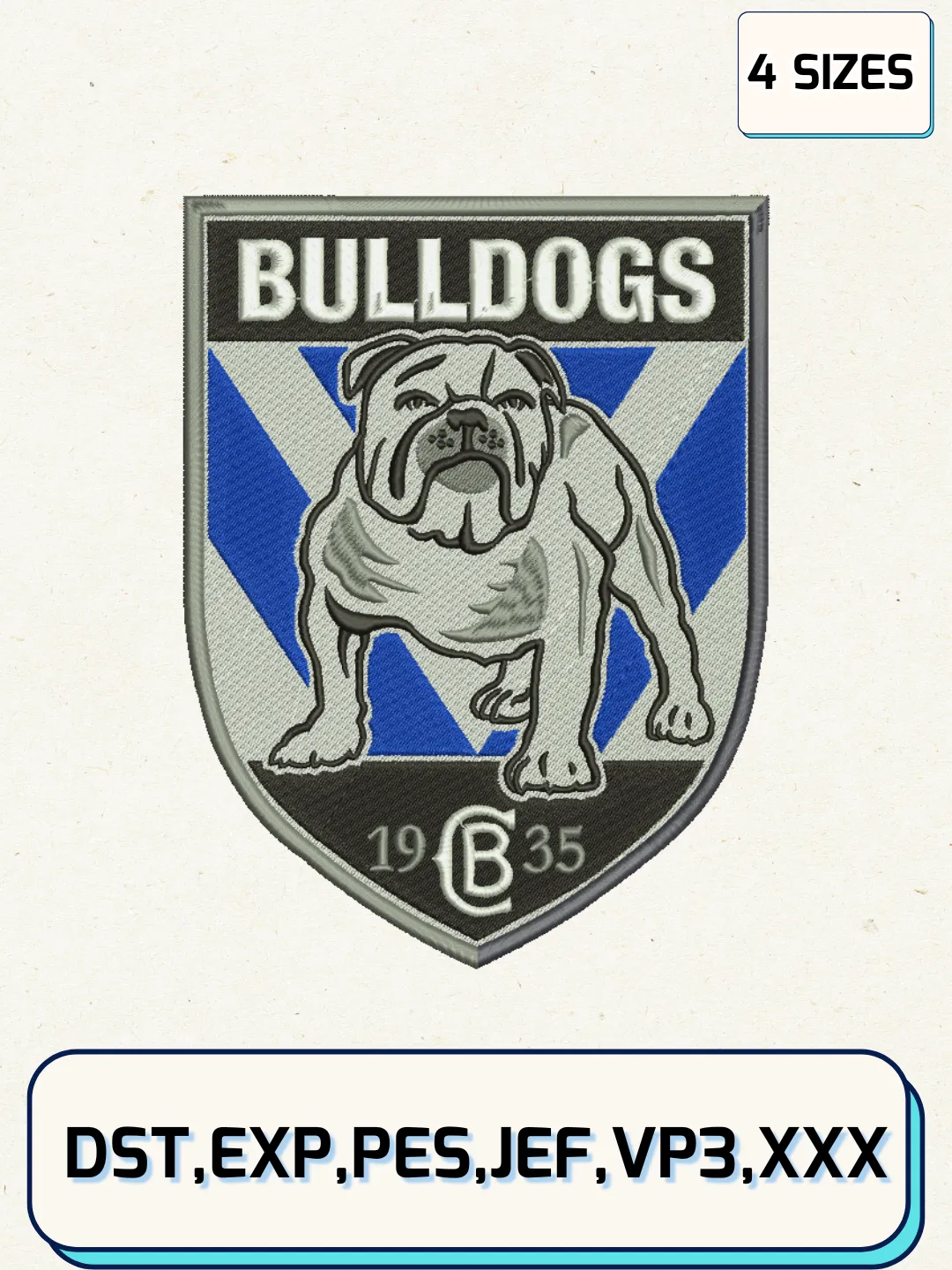 Bulldogs RLFC Logos Embroidery Design Files, NRL Logos Embroidery Designs, Machine Embroidery Files, 4 Sizes