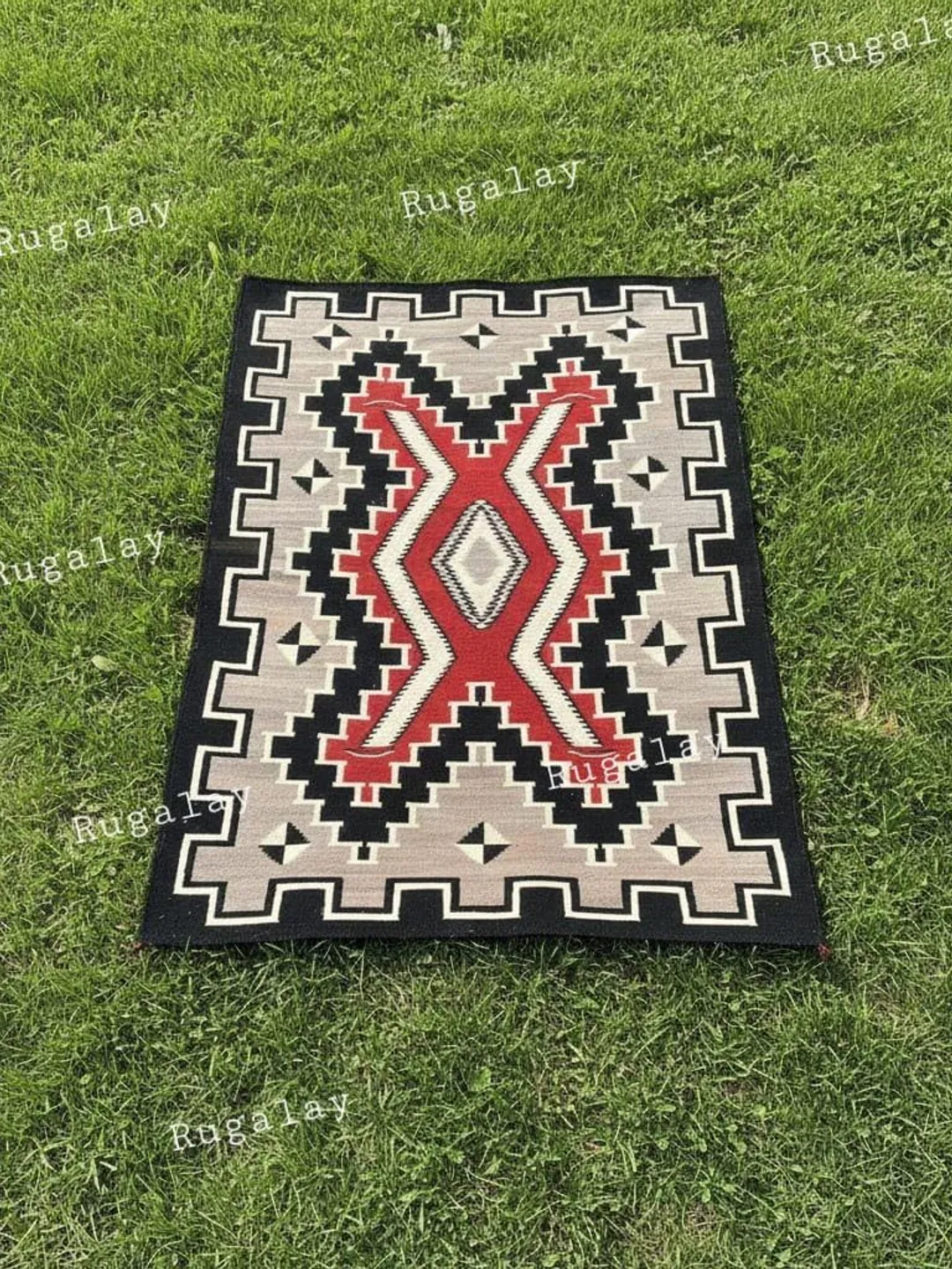 Handwoven Southwestern Wool Rug, Red Black Tribal Aztec Design, 6x9