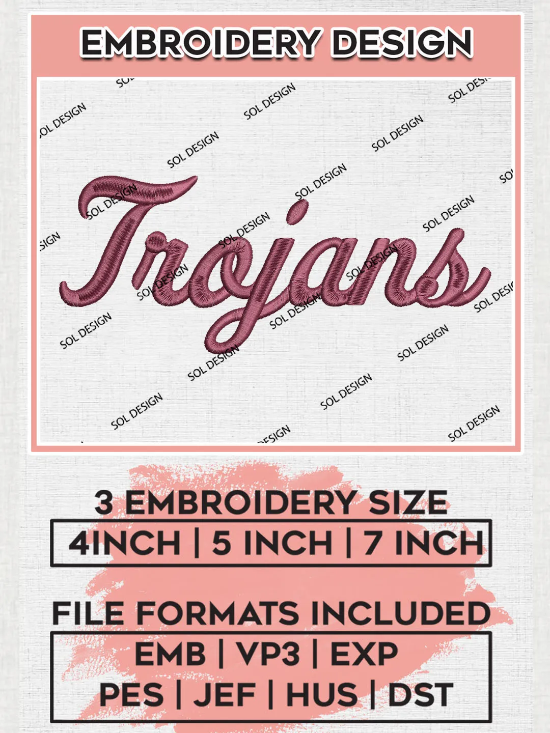 NCAA Trojans College Team Writing Logo Embroidery Design Files, NCAA Little Rock Trojans Machine Embroidery, NCAA Teams, 3 sizes, NCAA Machine embroidery designs, Digital Download