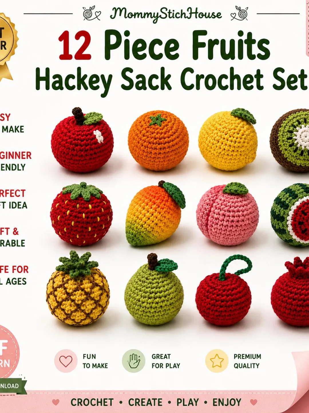 Crochet Fruit Pattern PDF Amigurumi Hackey Sack Toy Beginner Kids Gift Download