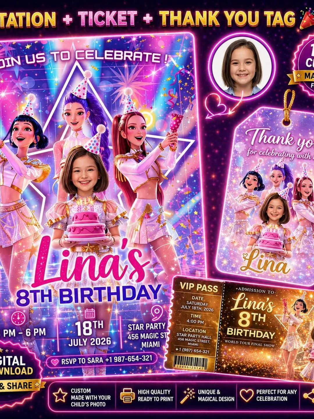 Custom Kpop Birthday Invitation, Photo Invite, Girl Party (Digital Download)