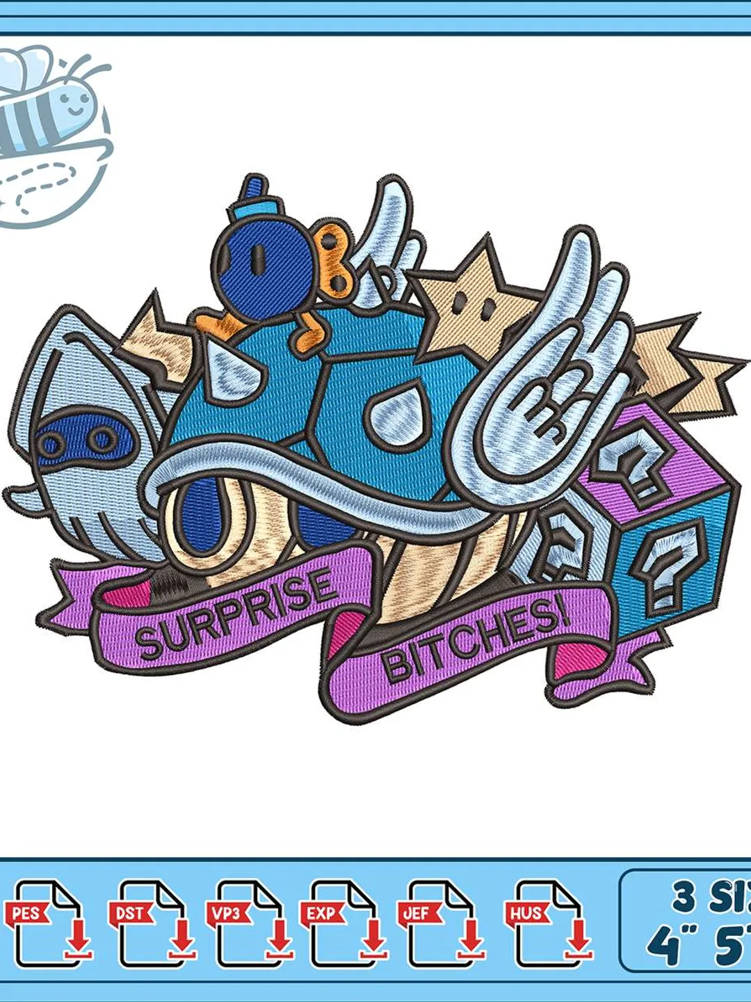 Mario Kart Surprise Bitches Embroidery Design, Blue Shell Bob-omb Machine Embroidery File, Funny Gamer Patch, Instant Download