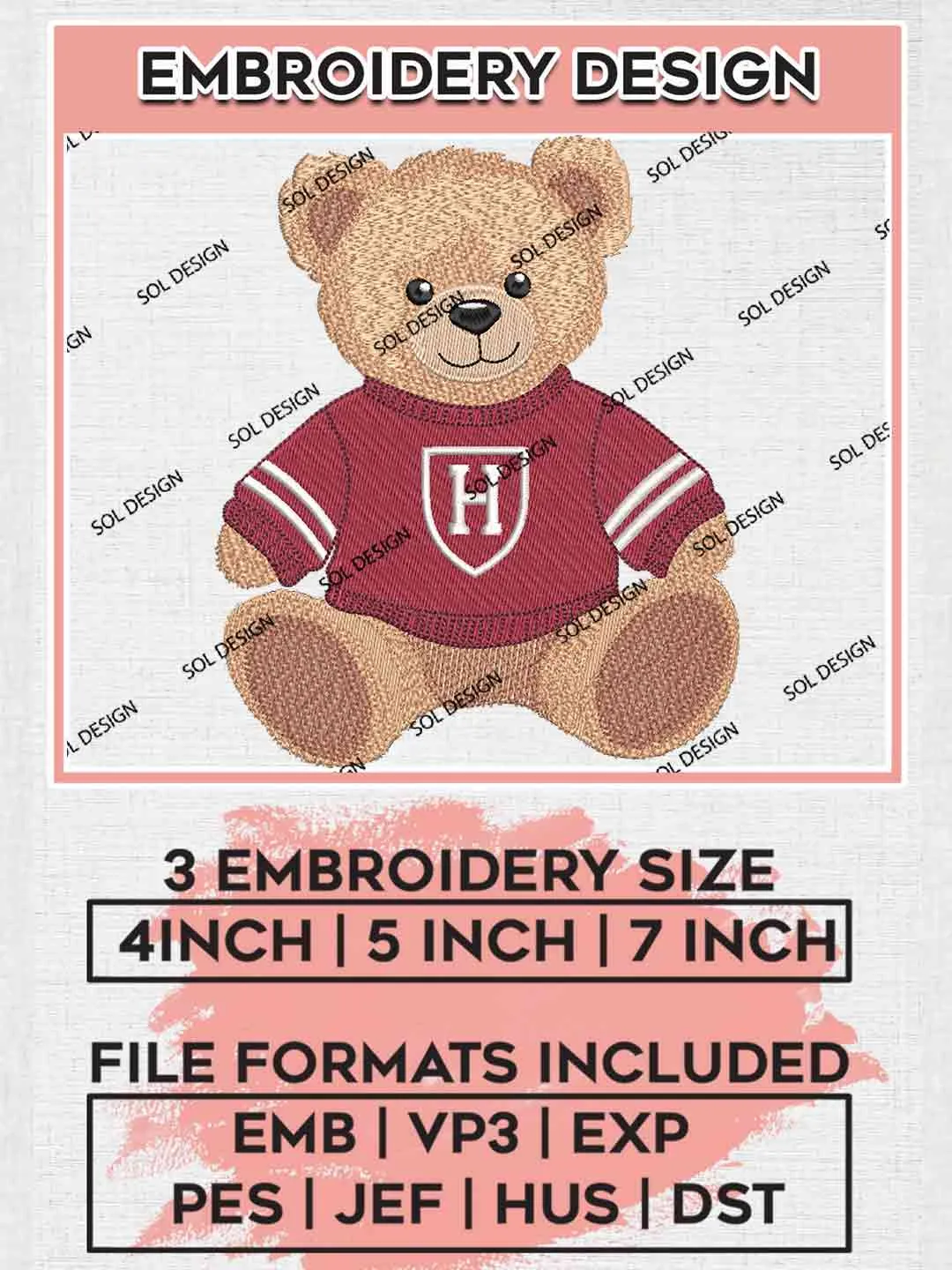 Harvard Crimson Teddy Bear Embroidery Design, Football Embroidery files, Sport Machine embroidery files, 3 sizes, Instant Download