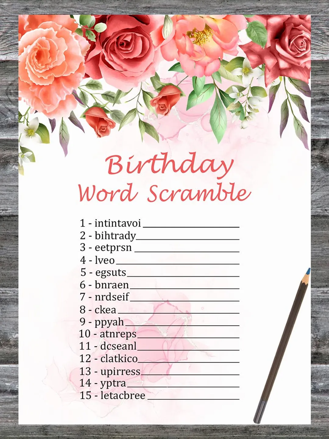 Red Rose Birthday Word Scramble Game,Adult Birthday party game-fun games for her-Instant download