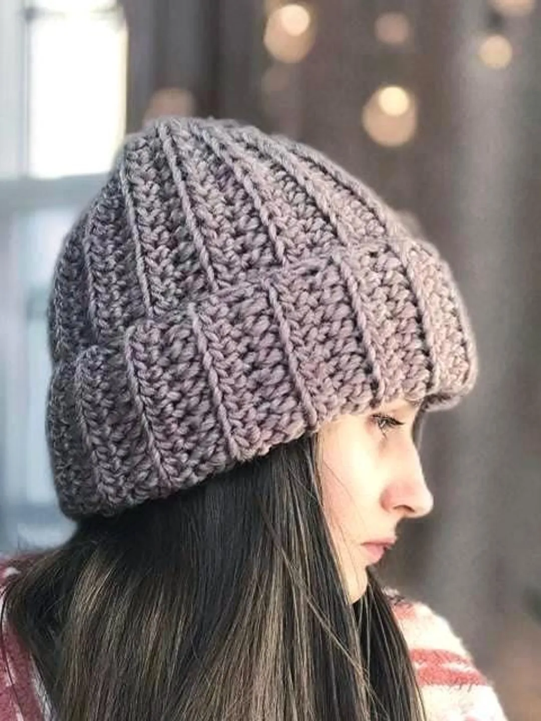 Warm Crochet Chunky Beanie - Plushy Cozy Winter Hat - Thick Folded Brim - Soft 100% Wool Stocking Cap - Unisex Trendy Brown or Custom Color