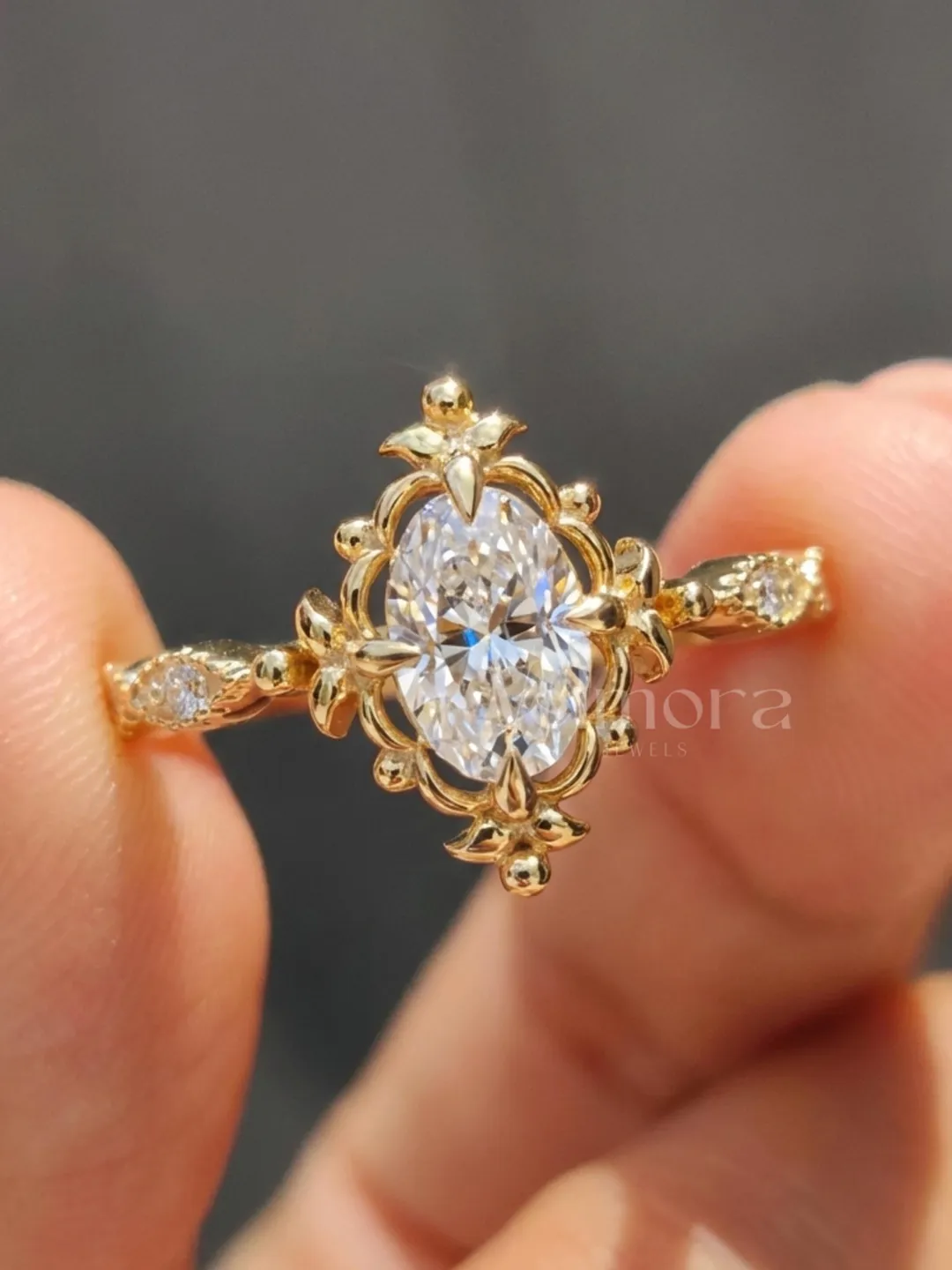 Oval Cut Engagement Ring in Solid Gold, Vintage Halo Bridal Ring