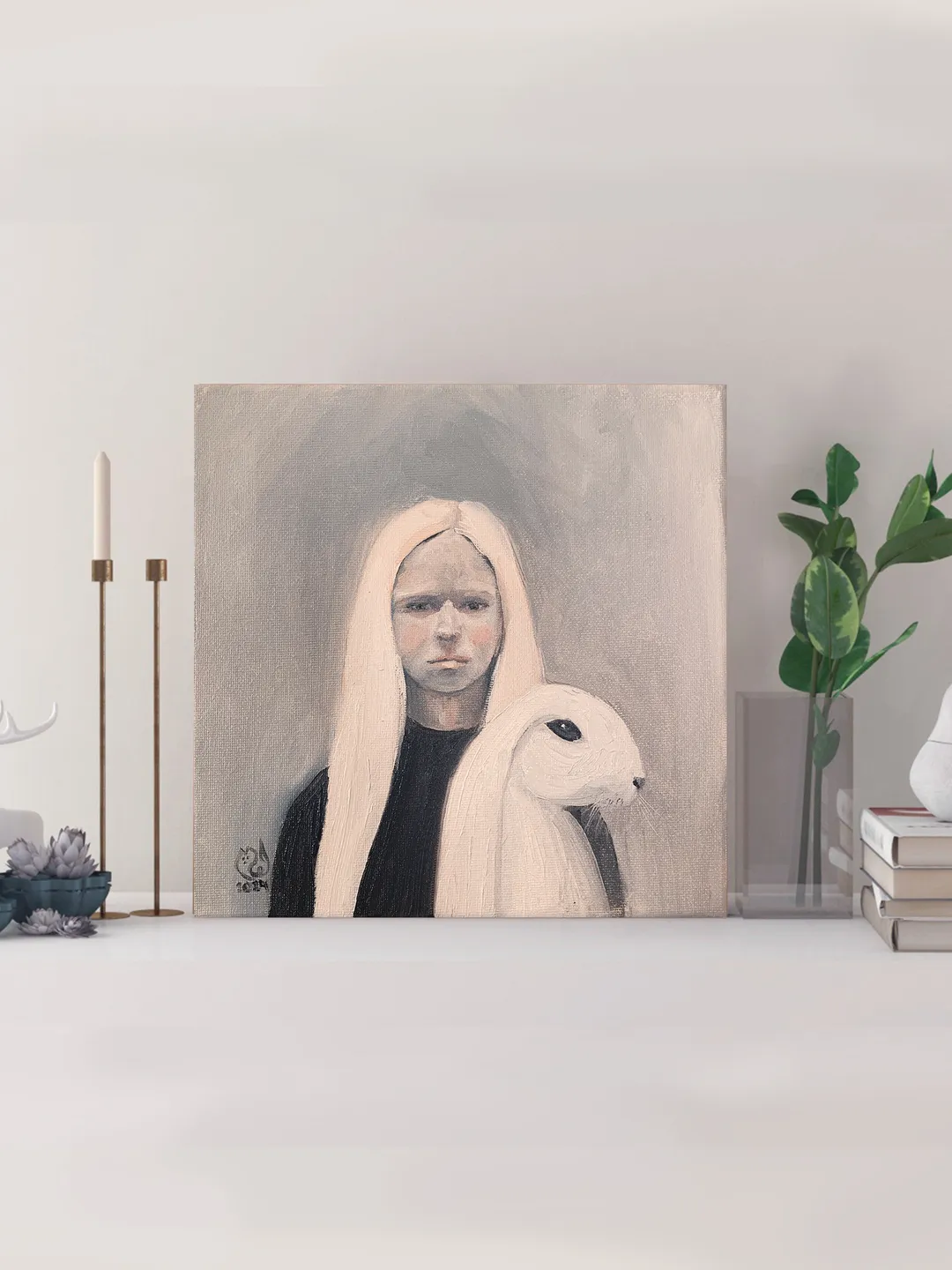 Girl with White Hare Original Oil Painting 8x8 inch