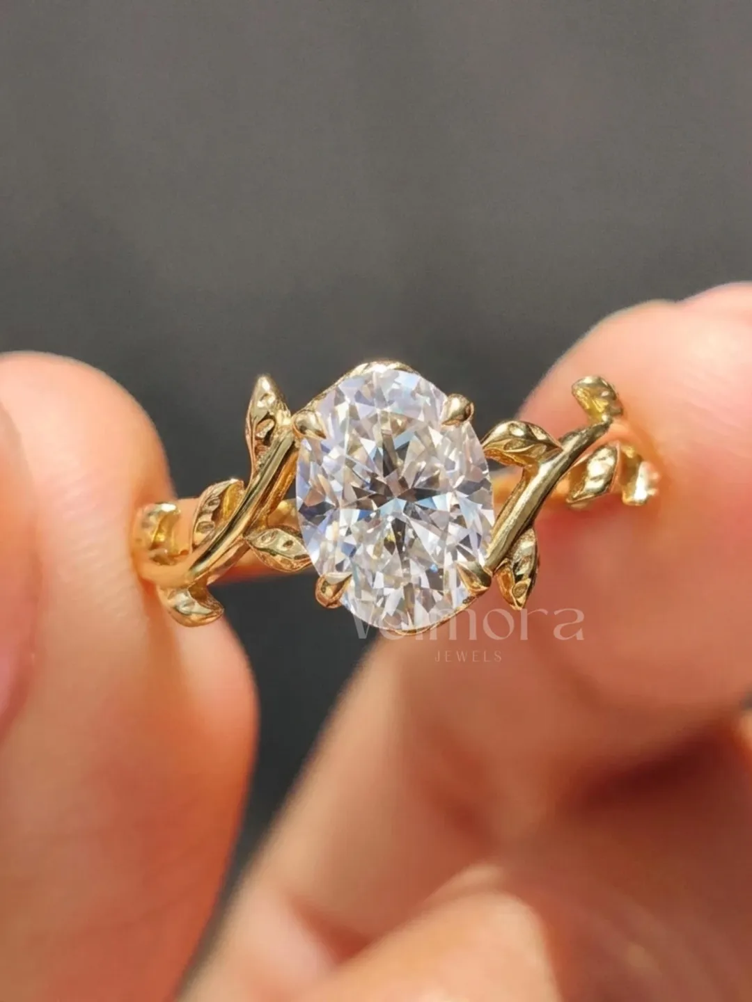 Oval Diamond Gold Leaf Vine Engagement Ring, Nature Inspired Bridal Ring