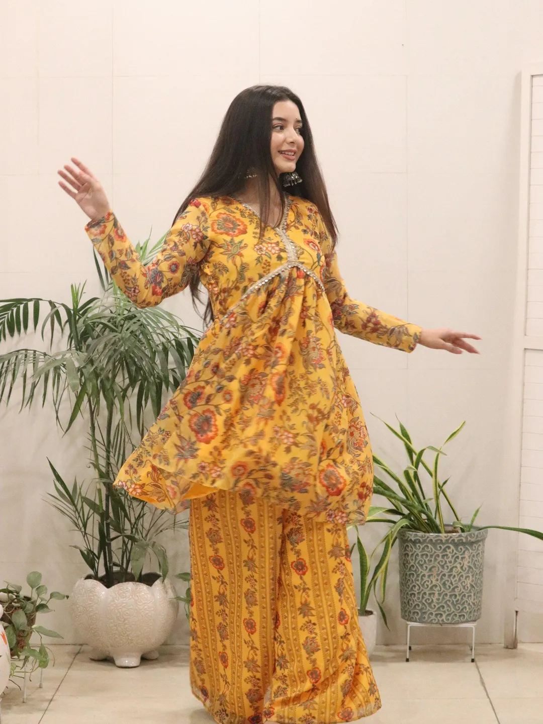 Yellow Organza Silk Kurti Palazzo Set Indian Haldi Outfit Floral Printed Ethnic Co Ord Set Festive Wear for Women
