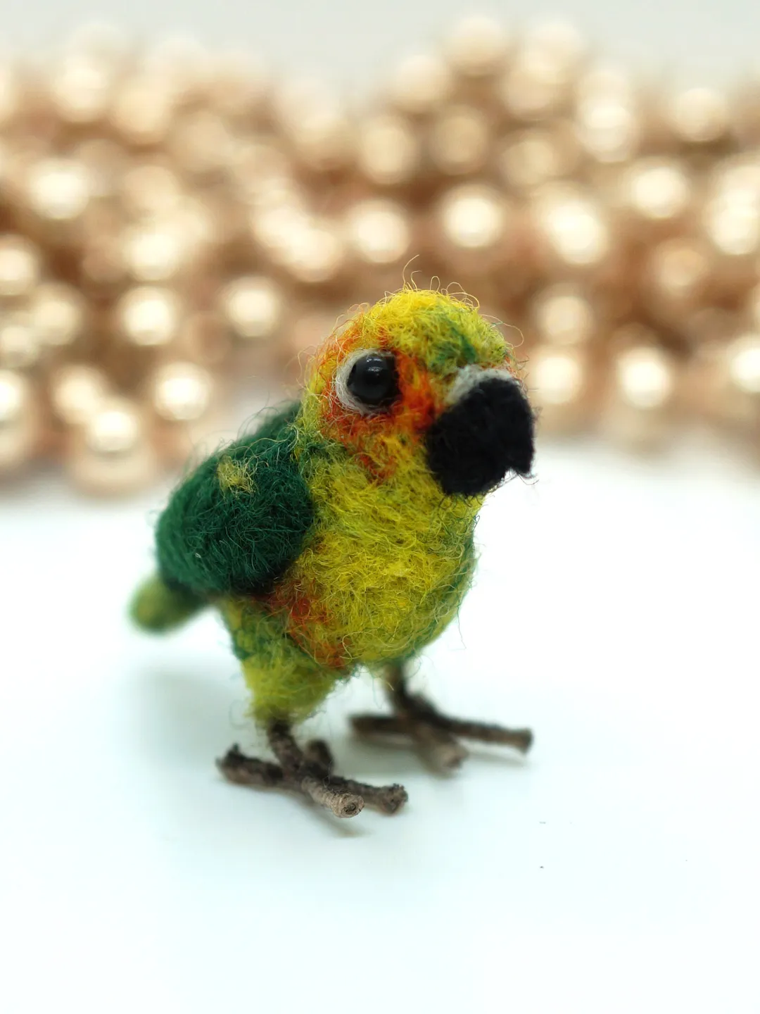 Miniature needle felted Jenday Conure, miniature parakeet, tiny parrot, made to order